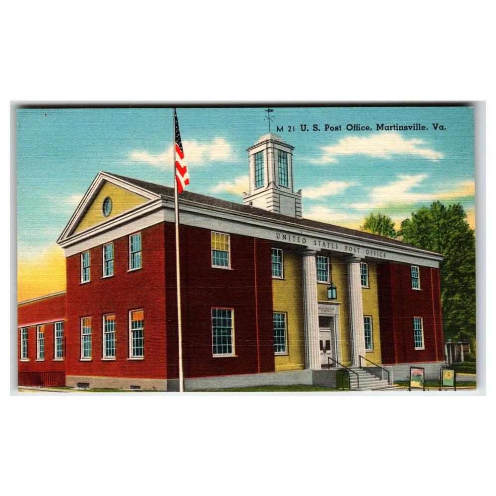 Vintage U.S. Post Office Martinsville VA Linen Postcard by Asheville Co.